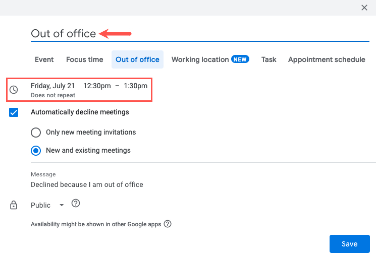 Out of Office title and date