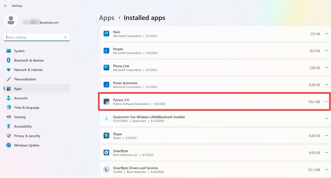 Python visible in Installed apps on a Windows system. 