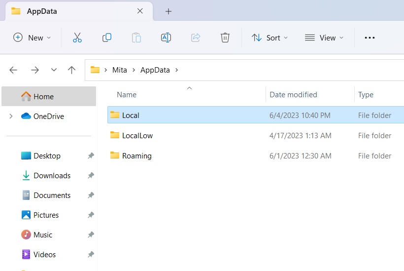 "Local" folder under "AppData" on Windows PC.