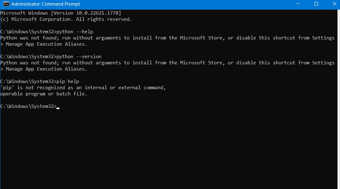Check if Pip or Python is installed in Windows using the Command Prompt. 