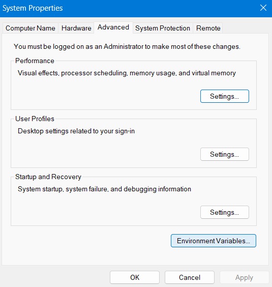 Click Environment Variables button in System Properties. 