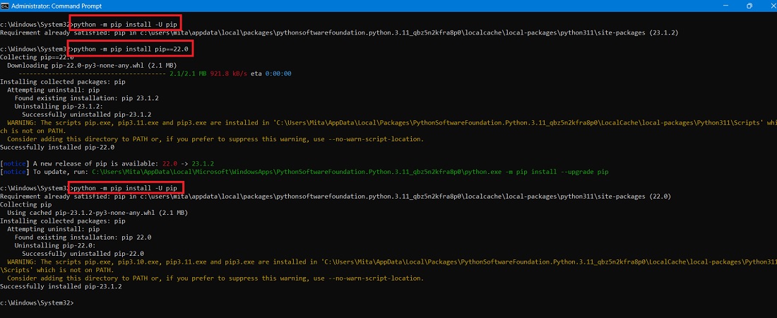 Successful downgrading and upgrading of PIP shown in command prompt window. 