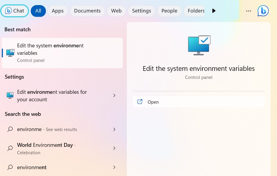 Opening up "Edit the system environment variables" via Windows Search. 