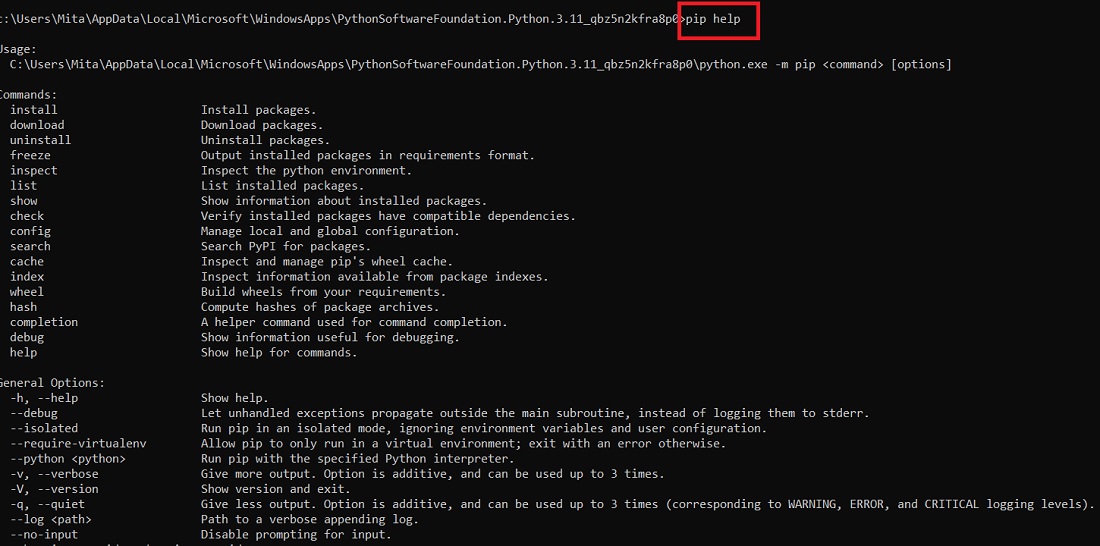 Pip Help options in Command Prompt. 