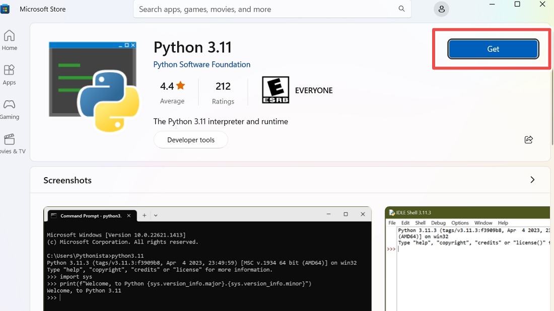Install Python from Microsoft Store by clicking "Get." 