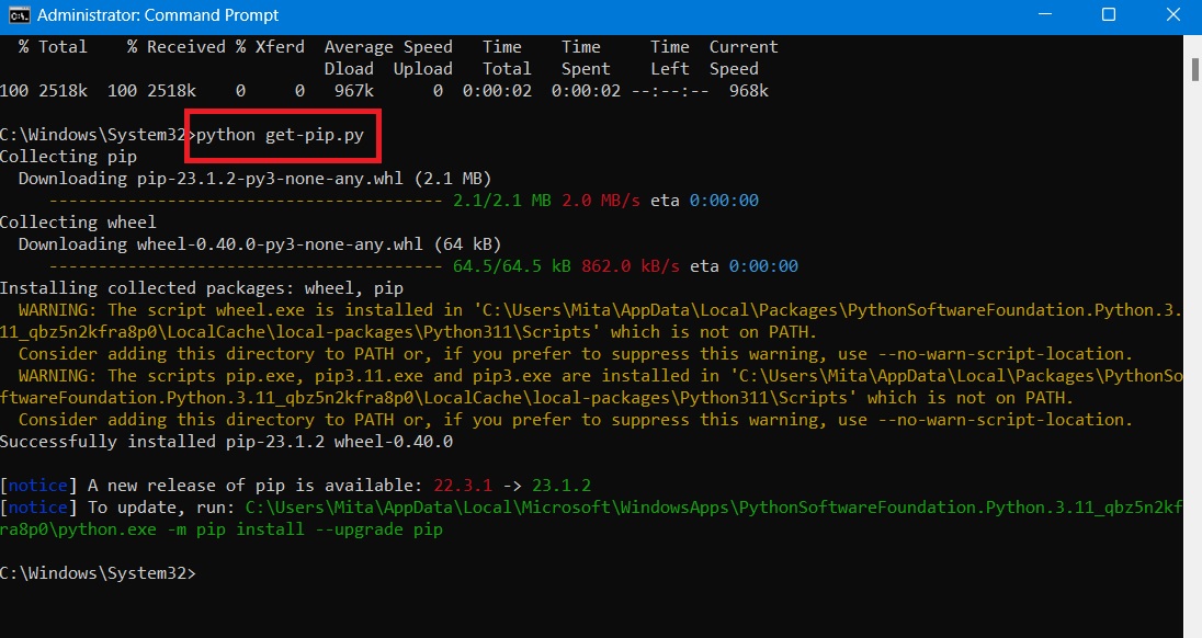 Installing PIP successfully in Command Prompt. 