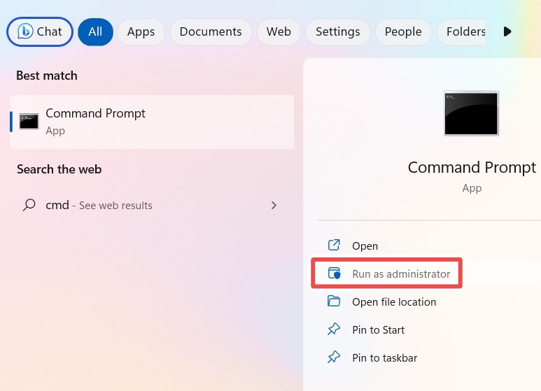Open Command Prompt in Administrator mode from Windows search.