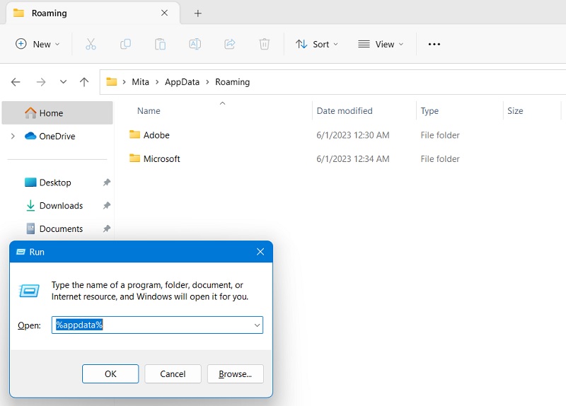 Run Command of AppData leading to Roaming folder. 