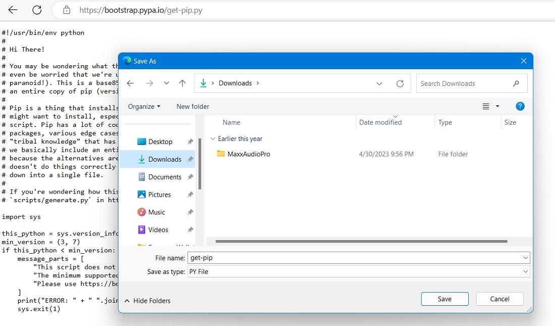 Save Get-Pip File to Windows Downloads folder. 