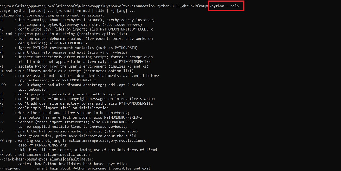Python --help command returns successful output. 