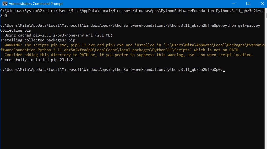 PIP package successfully installed in Windows computer using command prompt. 