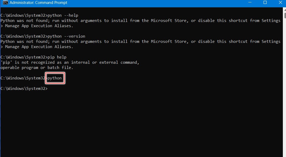 Type python in Command Prompt. 