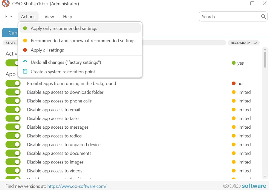 Apply only recommended settings for O&O ShutUp 10++. 