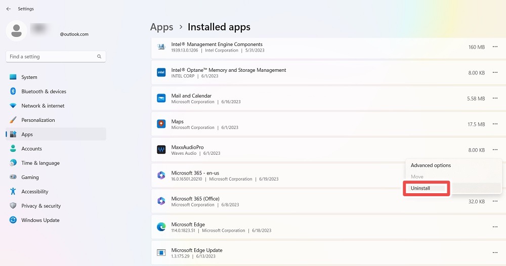 Traditional uninstall of Windows apps from its settings. 