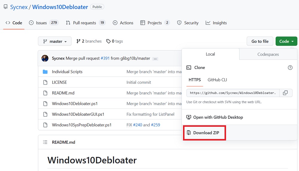 Download ZIP file from official GitHub website of Windows10Debloater. 