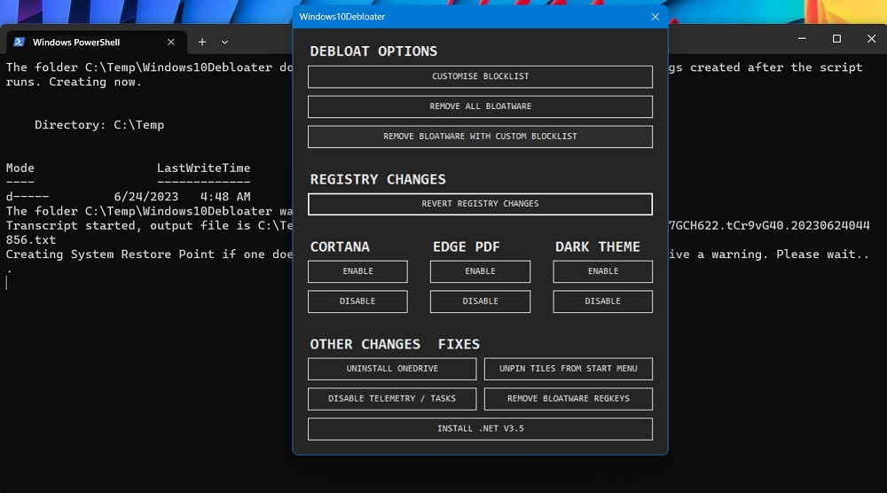 Windows10debloater window opened from PowerShell.