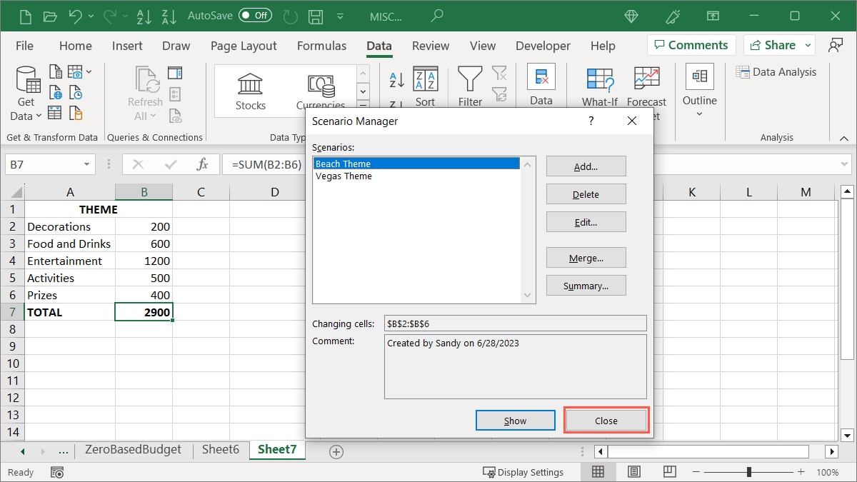 Scenario Manager Close button