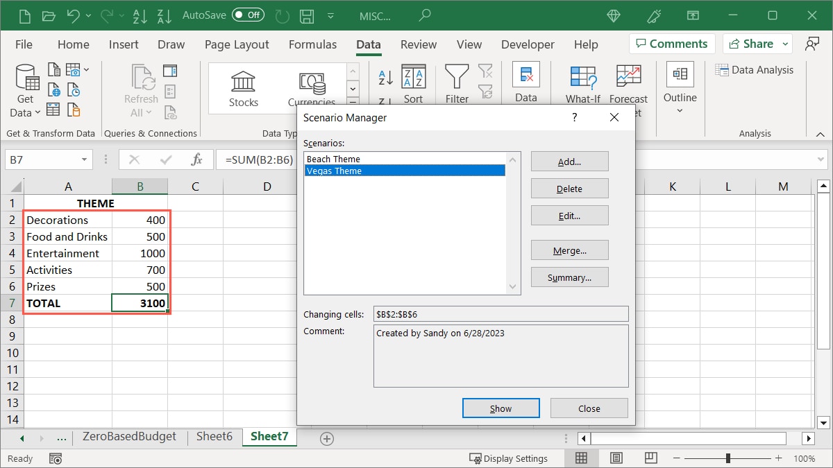 Second Scenario Shown in Excel