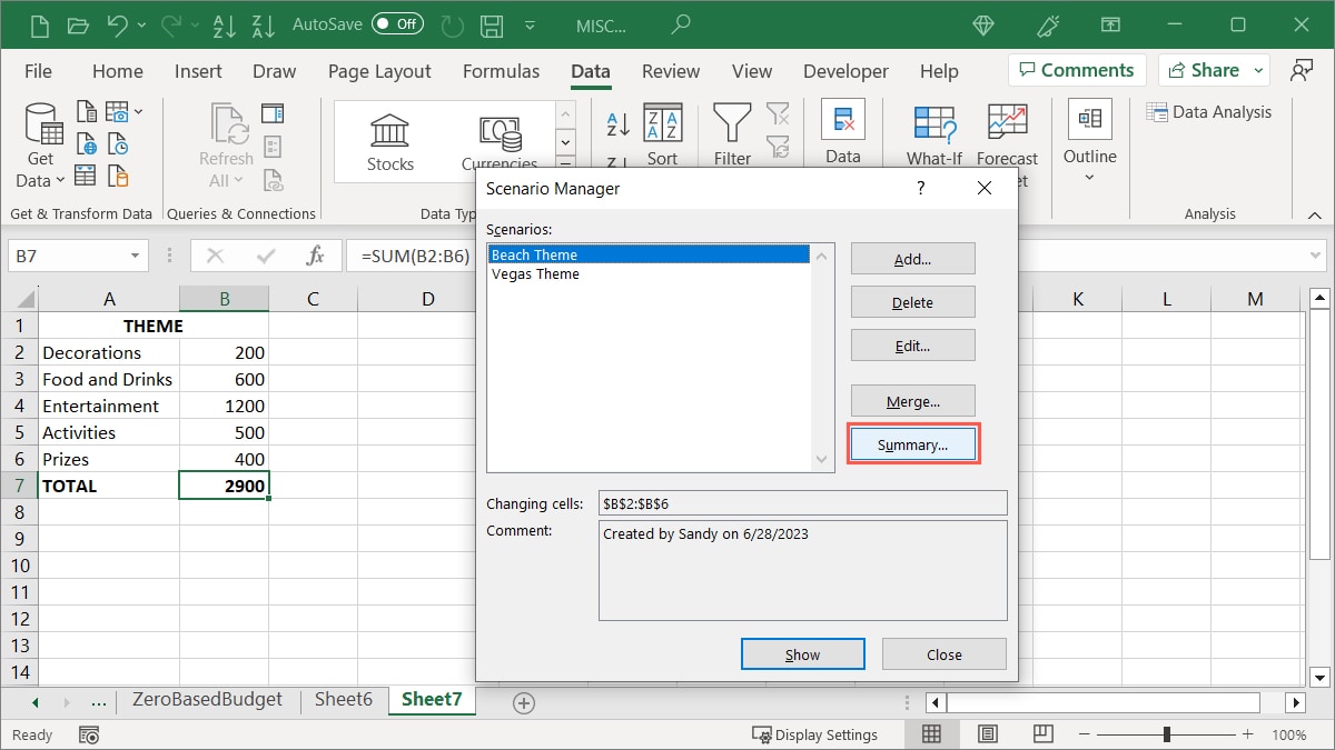 Scenario Manager Summary button