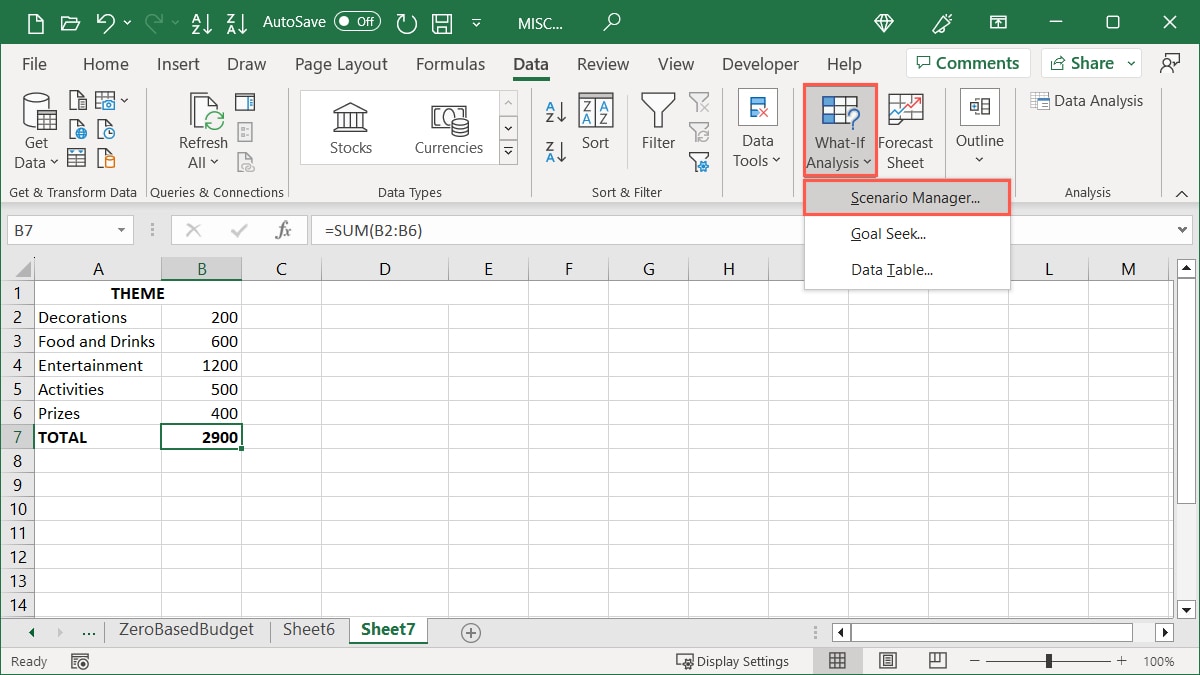 Scenario Manager in the What-If Analysis menu