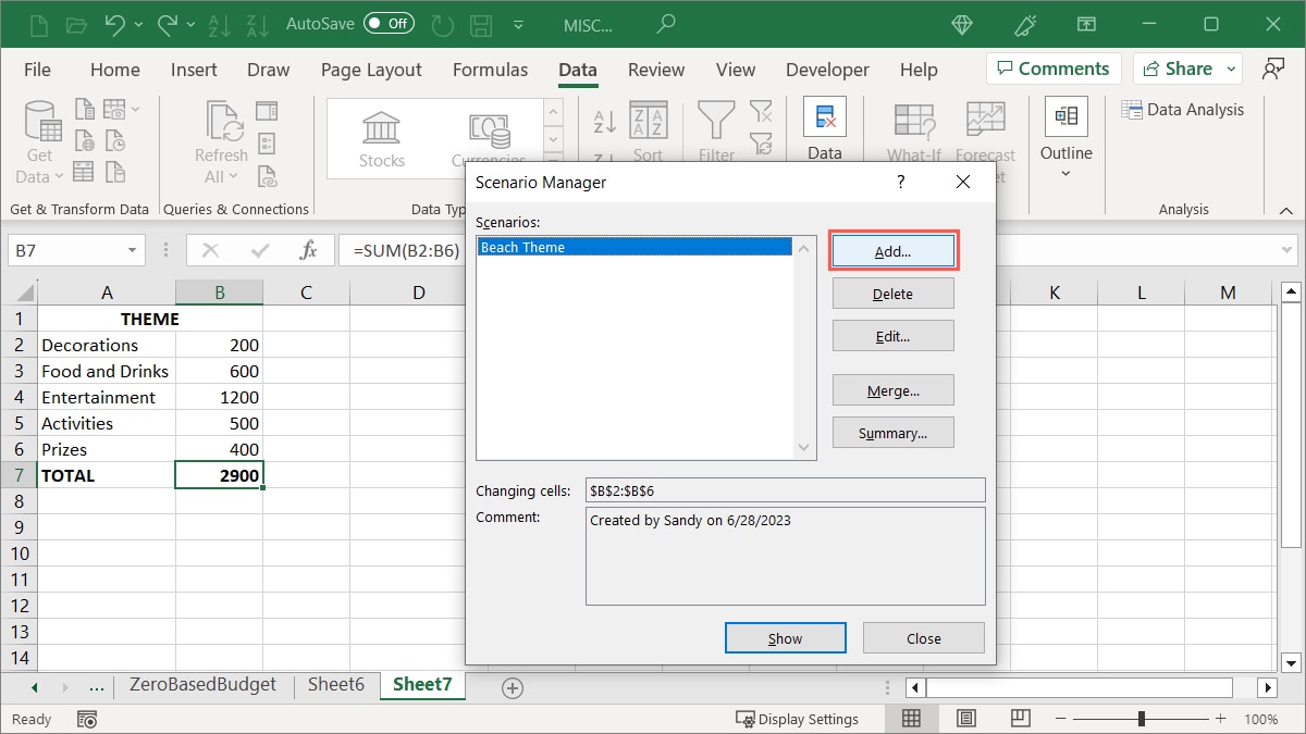 Scenario Manager Add button For Next Scenario