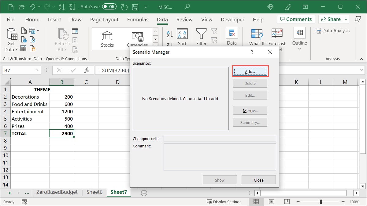 Scenario Manager Add button
