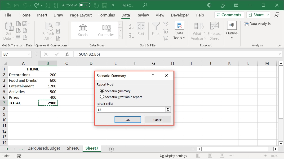 Scenario Summary setup in Excel