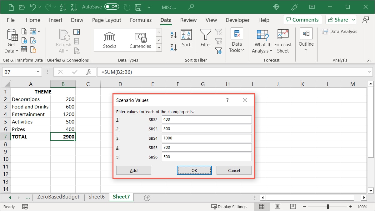 Second Scenario values in Excel