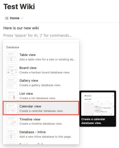 Calendar View in the drop-down list