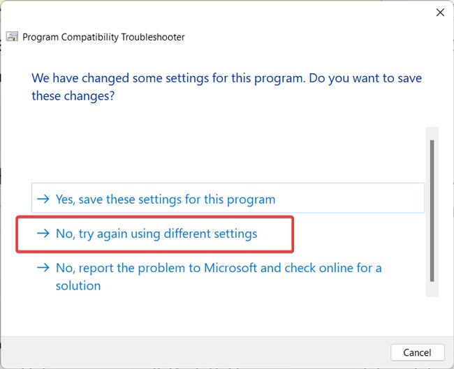 Select No Try Again Using Different Settings