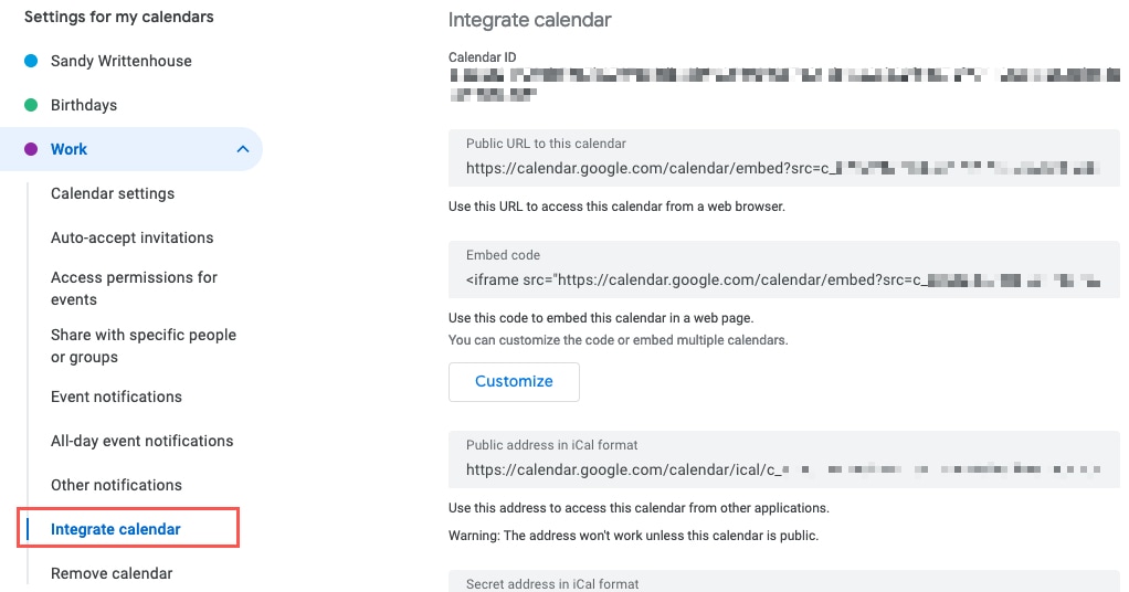 Integrate Calendar in the Google Calendar settings