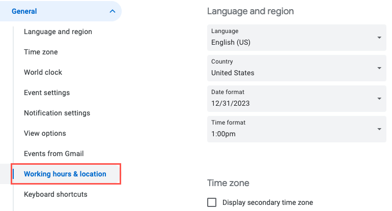 Working Hours and Location in the Google Calendar Settings