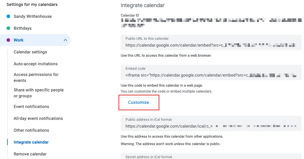 Embed Code Customize button