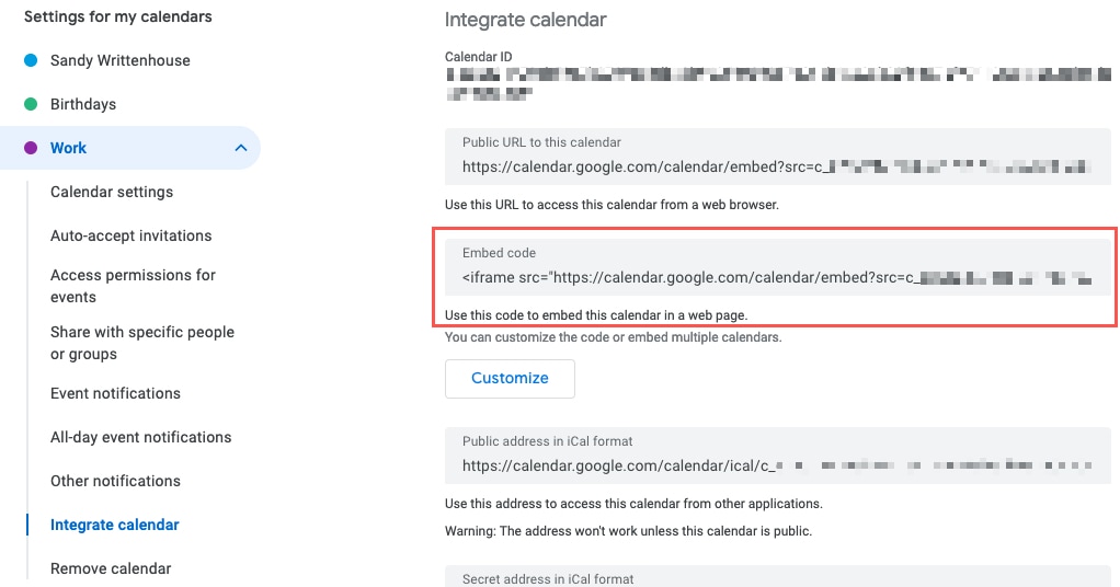 Integrate Calendar Embed Code