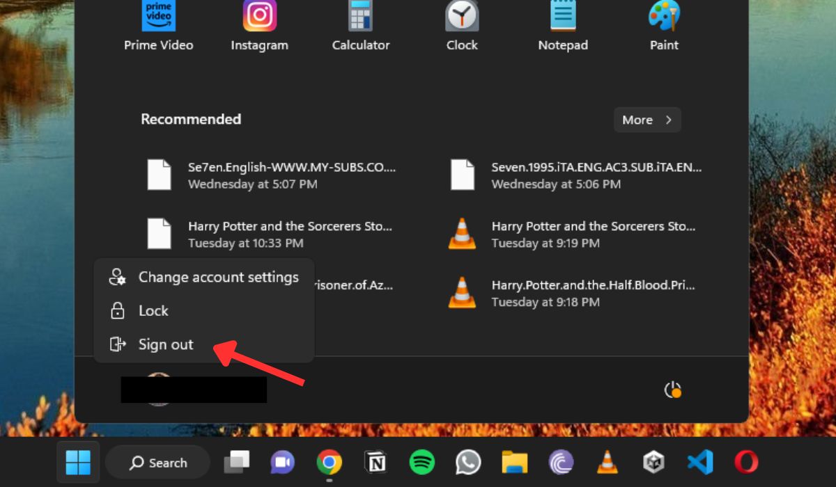 Logging out of current account via Start menu.