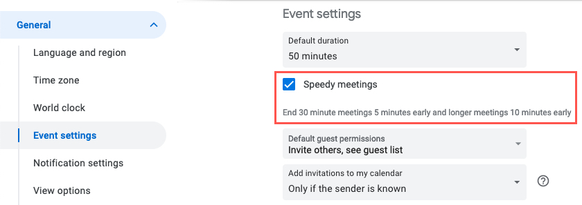 Speedy Meetings checkbox in Google Calendar