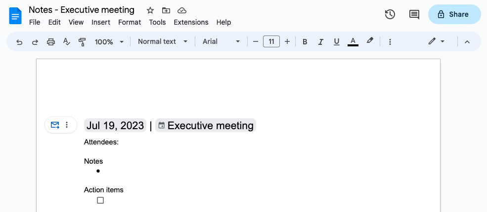 Meeting Notes created in Google Docs