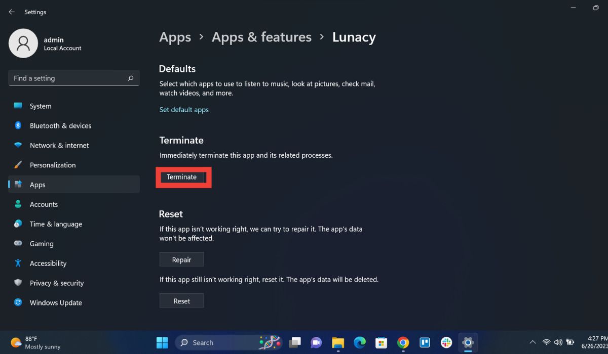 Clicking "Terminate" button under "Apps & Features."