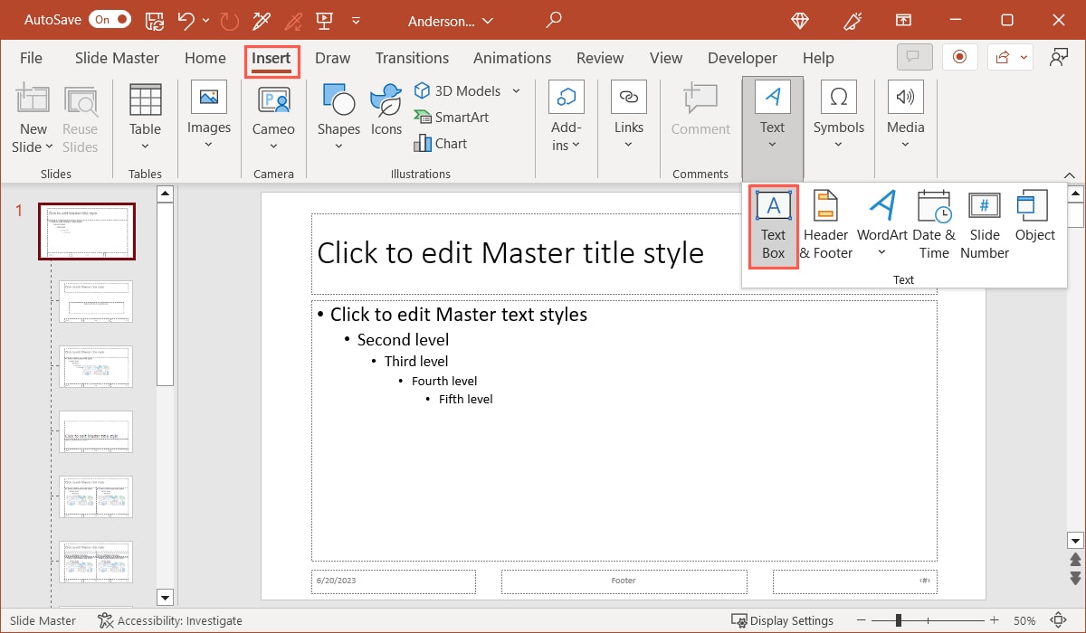 Text Box on the Insert tab in PowerPoint