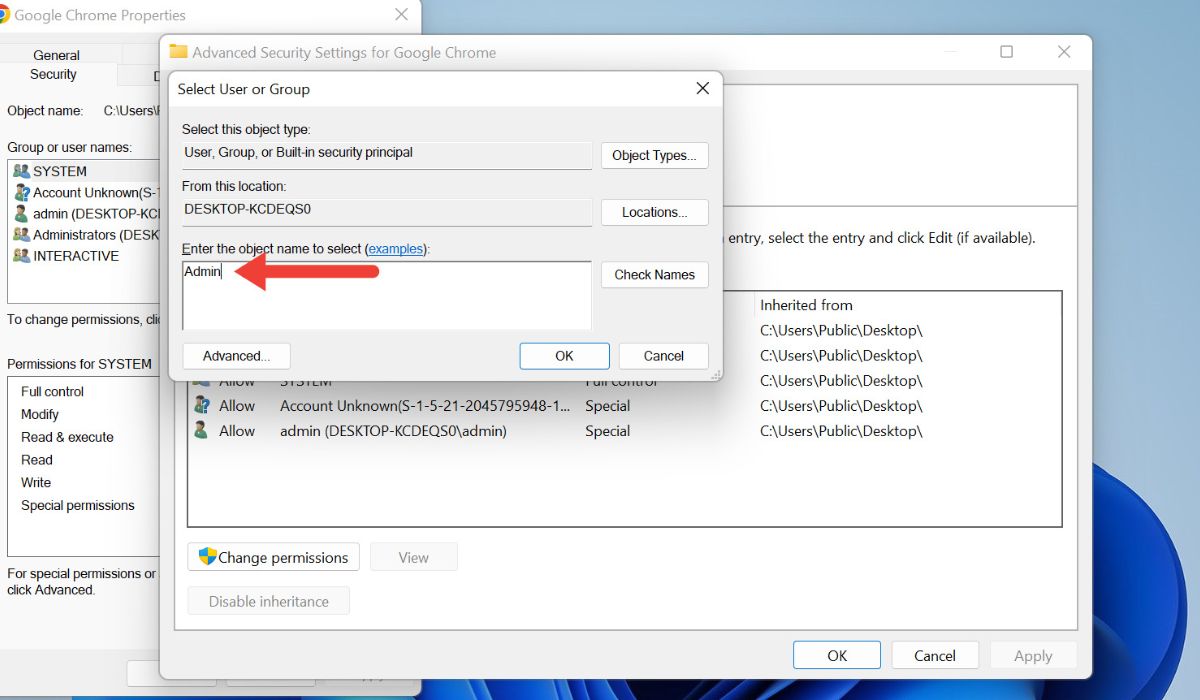Type your username in Advanced Security Settings window.