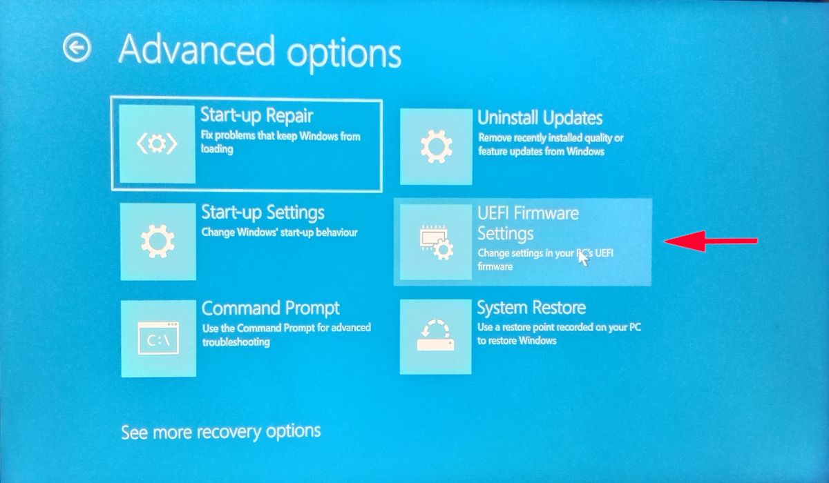 Selecting "UEFI Firmware Settings" in Advanced options. 