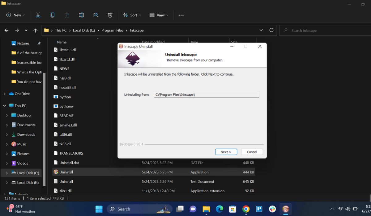 Uninstalling a program on Windows. 