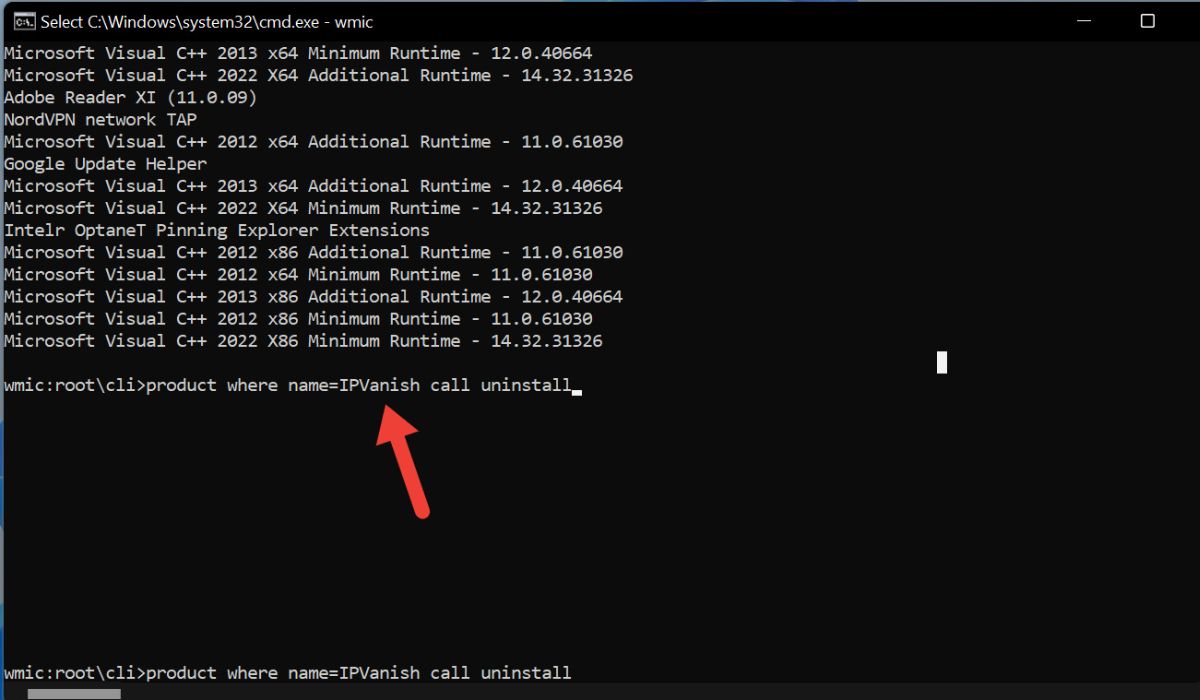 Uninstalling program using Command Prompt.