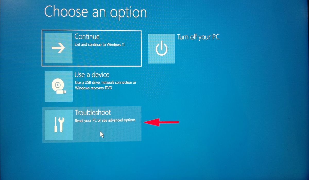 Clicking on "Troubleshoot" option in Advanced startup.