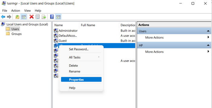 Right-clicking on problematic account under Local Users and Groups.