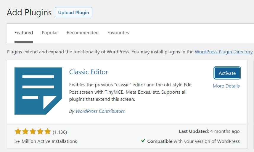 Activate the Classic Editor in WP