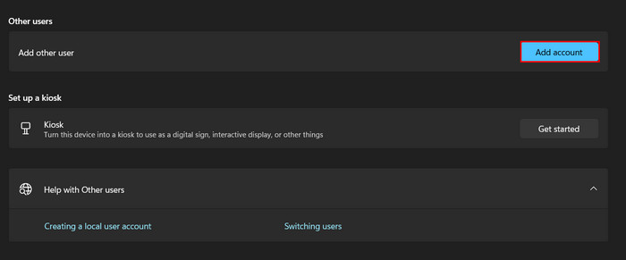 Clicking on "Add account" button in Windows Settings.