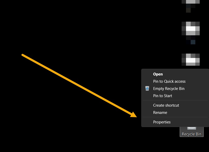 Clicking on "Properties" option under Recycle Bin. 