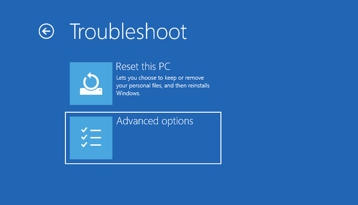 Navigating to "Troubleshoot" inside Recovery menu.