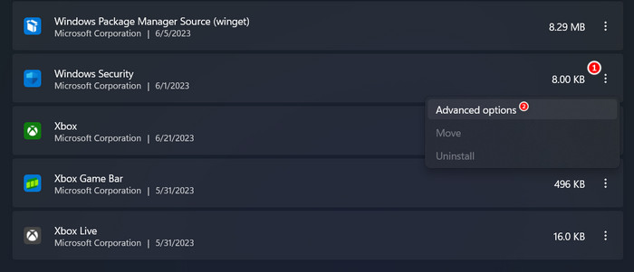 Clicking on "Advanced options" next to Windows Security. under "Apps & features."